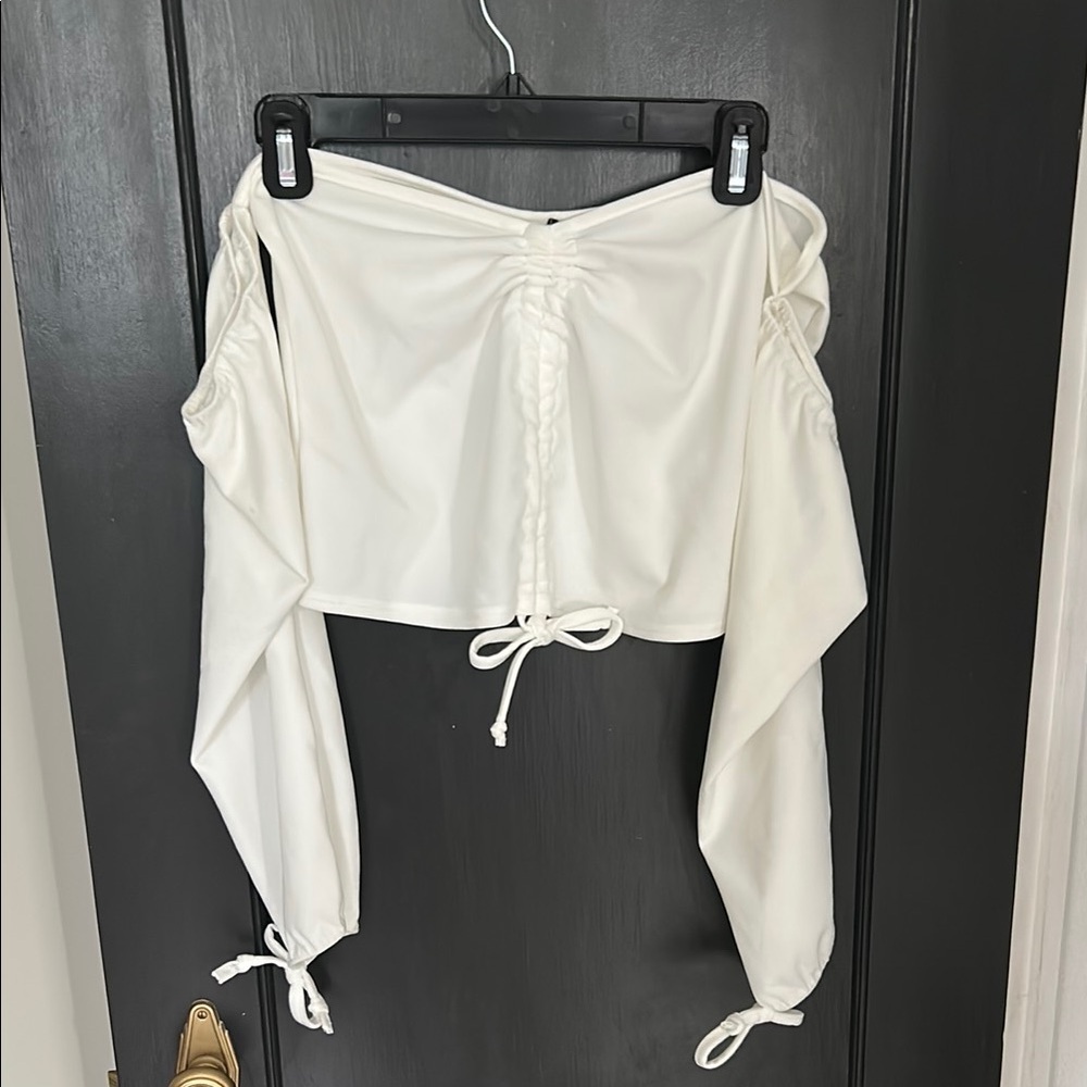 PrettyLittleThing Cream Ruched Tie Front Crop Tube with attached Sleeves